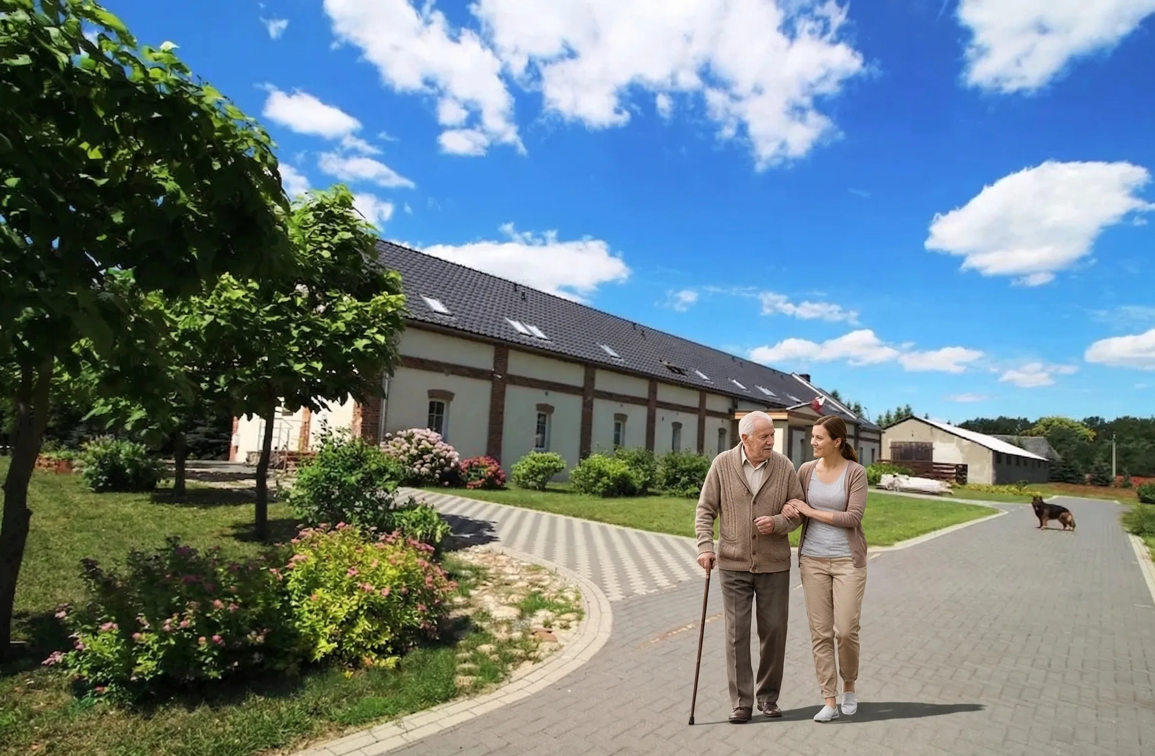 Senior spacerujący z opiekunką przed domem seniora